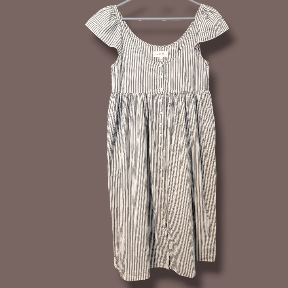 The Great. Grey Striped 100% Cotton Scoop Neck Button-Up Flutter Cami Dress M - Picture 2 of 11